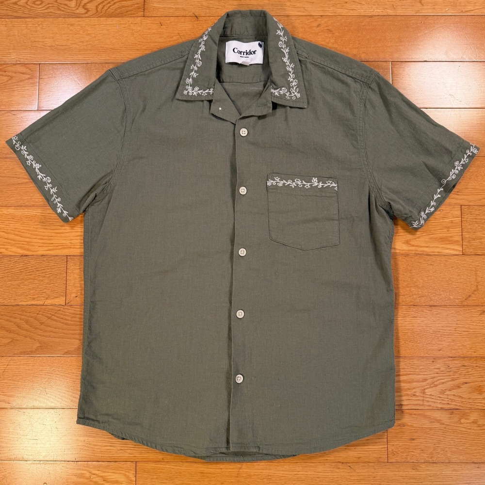 Corridor New York Mens Olive Green Linen Cotton Embroidered Camp Collar Shirt S
